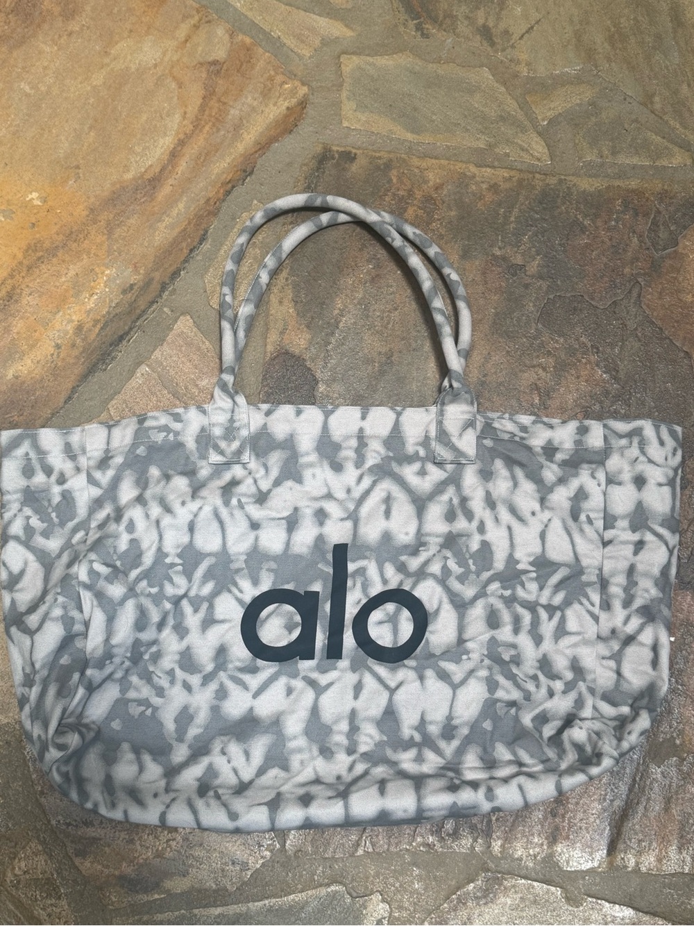 ALO Yoga Gray & White Tie-Dye Canvas Tote with Front Logo